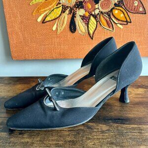 Stuart Weitzman Black Satin Rhinestone Bow Kitten Heels Size 8 Cocktail Party